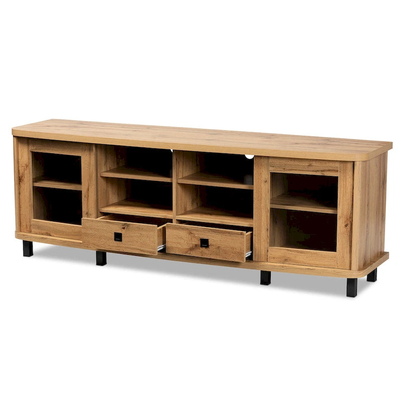 Oak Brown TV Stand with Glass Doors and 2 Drawers