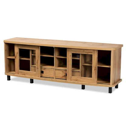 Oak Brown TV Stand with Glass Doors and 2 Drawers