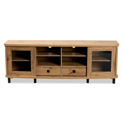 Oak Brown TV Stand with Glass Doors and 2 Drawers