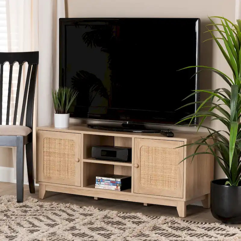 Elsbeth Mid-Century Modern Light Brown Finished Wood and Natural Rattan 2-Door TV Stand