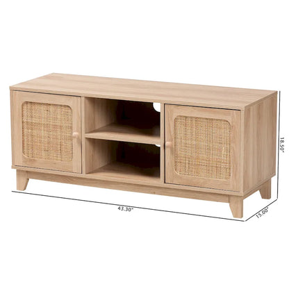 Elsbeth Mid-Century Modern Light Brown Finished Wood and Natural Rattan 2-Door TV Stand