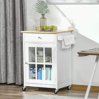 HOMCOM 27 Rolling Kitchen Island Cart with Drawer and Glass Door Cabinet, Kitchen Trolley with Adjustable Shelf and Towel Rack