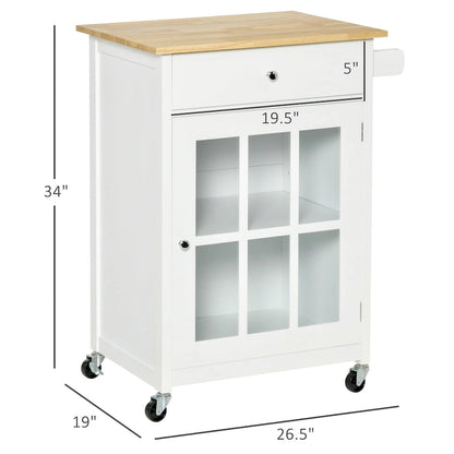 HOMCOM 27 Rolling Kitchen Island Cart with Drawer and Glass Door Cabinet, Kitchen Trolley with Adjustable Shelf and Towel Rack