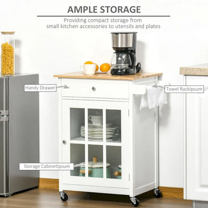 HOMCOM 27 Rolling Kitchen Island Cart with Drawer and Glass Door Cabinet, Kitchen Trolley with Adjustable Shelf and Towel Rack