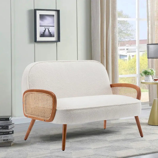 41  W Small Loveseat with Natural Rattan Arms,Upholstered Modern Mini Sofa Couch Love Seat Settee Bench with Back