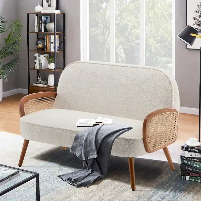 41  W Small Loveseat with Natural Rattan Arms,Upholstered Modern Mini Sofa Couch Love Seat Settee Bench with Back