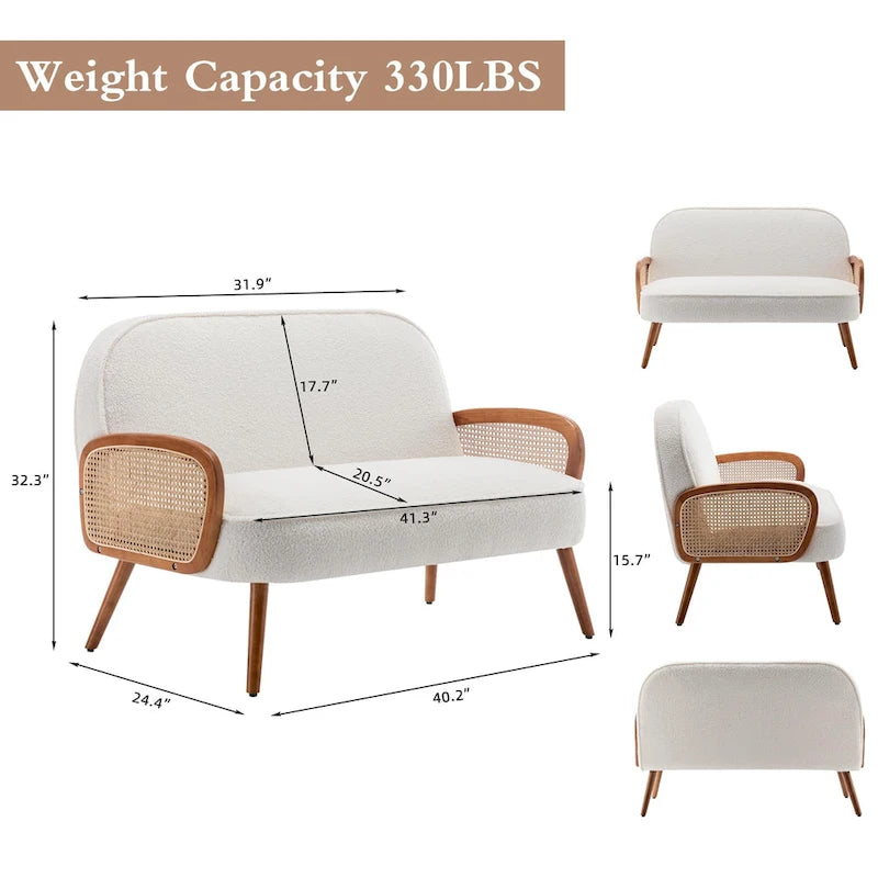41  W Small Loveseat with Natural Rattan Arms,Upholstered Modern Mini Sofa Couch Love Seat Settee Bench with Back