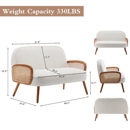 41  W Small Loveseat with Natural Rattan Arms,Upholstered Modern Mini Sofa Couch Love Seat Settee Bench with Back