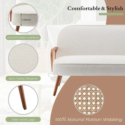 41  W Small Loveseat with Natural Rattan Arms,Upholstered Modern Mini Sofa Couch Love Seat Settee Bench with Back