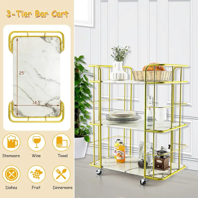 Home Island Service Cart 3 Tier Gold Bar Cart Home Island on Wheels