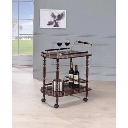 2-Tier Serving Cart with Casters in Merlot and Brass