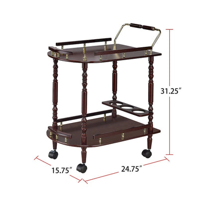 2-Tier Serving Cart with Casters in Merlot and Brass