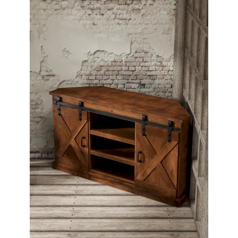 Bridgevine Home Farmhouse 56 inch Corner TV Stand for TVs up to 60 inches, No Assembly Required, Aged Whiskey Finish