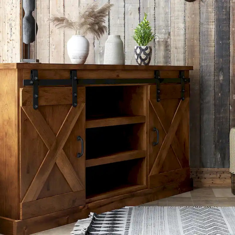 Bridgevine Home Farmhouse 56 inch Corner TV Stand for TVs up to 60 inches, No Assembly Required, Aged Whiskey Finish