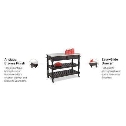 Homestyles General Line Black Mobile Kitchen Cart with Stainless Steel Top
