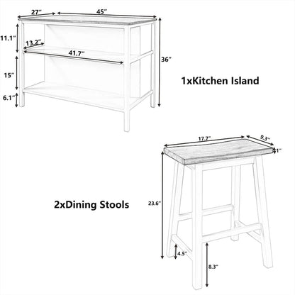 Wood Rustic 3-piece 45 Stationary Kitchen Island Set