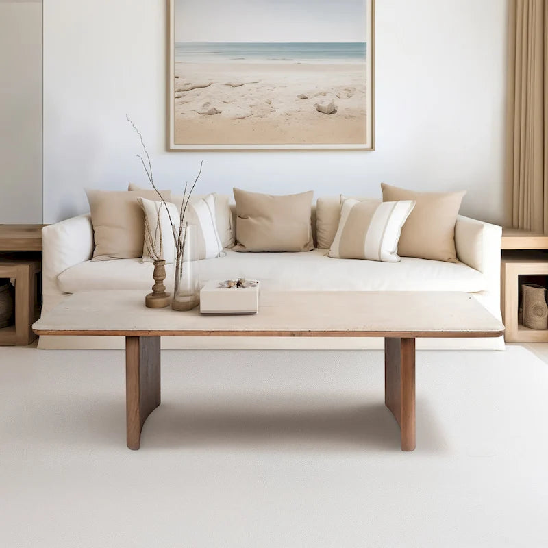 Sagebrook Home Elegant Acacia and Travertine Coffee Table for Modern Living