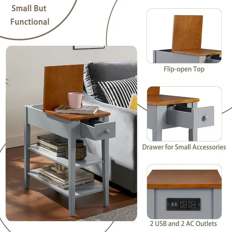 End Table with Charging Station, Side Table with Storage