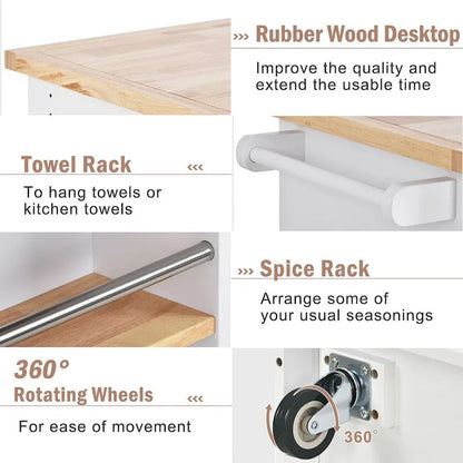 Kitchen Island on Wheels with Open Compartments and 2 Drawers