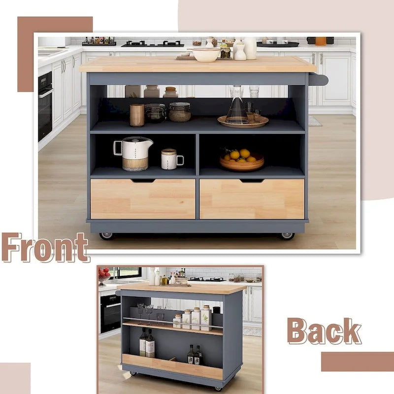 Kitchen Island on Wheels with Open Compartments and 2 Drawers
