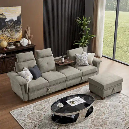 109  Modern 4 Seaters Towelling Sectional Sofa with Hidden Coffee Table and Large Storage Space