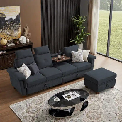 109  Modern 4 Seaters Towelling Sectional Sofa with Hidden Coffee Table and Large Storage Space