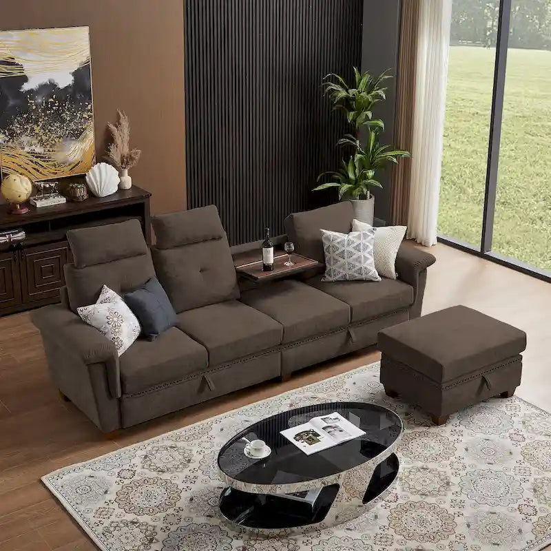 109  Modern 4 Seaters Towelling Sectional Sofa with Hidden Coffee Table and Large Storage Space