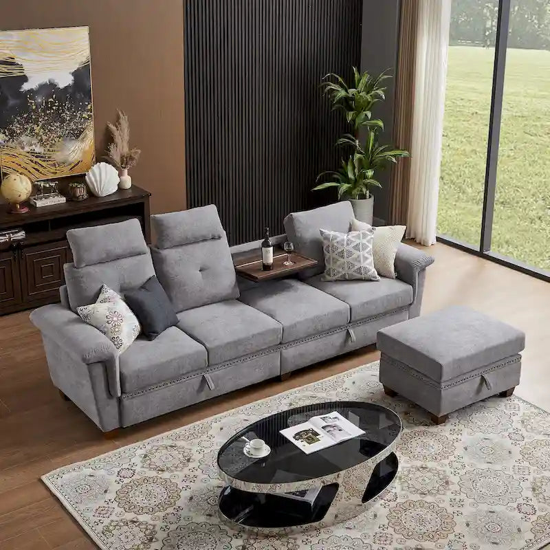 109  Modern 4 Seaters Towelling Sectional Sofa with Hidden Coffee Table and Large Storage Space