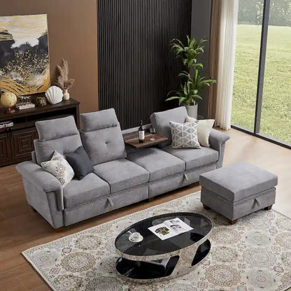109  Modern 4 Seaters Towelling Sectional Sofa with Hidden Coffee Table and Large Storage Space