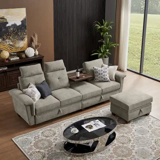 109  Modern 4 Seaters Towelling Sectional Sofa with Hidden Coffee Table and Large Storage Space