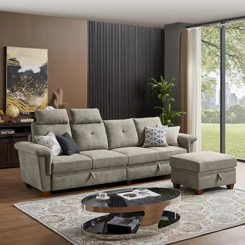 109  Modern 4 Seaters Towelling Sectional Sofa with Hidden Coffee Table and Large Storage Space