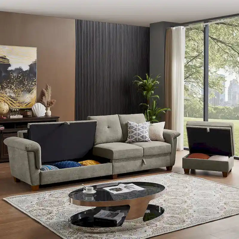 109  Modern 4 Seaters Towelling Sectional Sofa with Hidden Coffee Table and Large Storage Space