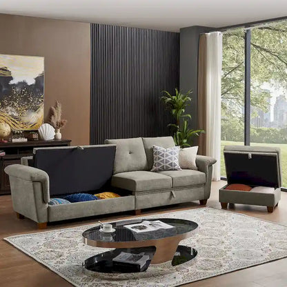 109  Modern 4 Seaters Towelling Sectional Sofa with Hidden Coffee Table and Large Storage Space