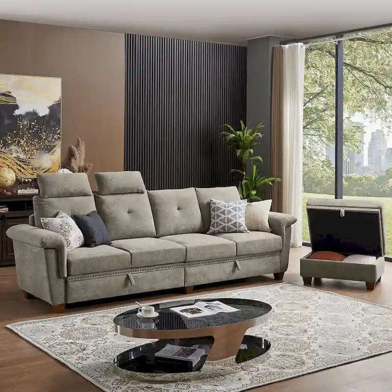 109  Modern 4 Seaters Towelling Sectional Sofa with Hidden Coffee Table and Large Storage Space
