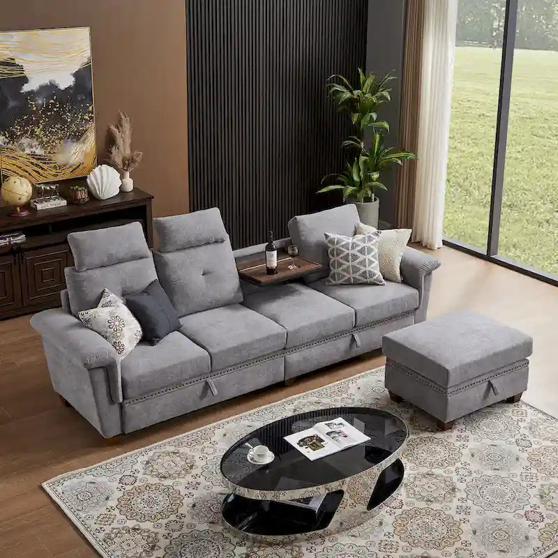 109  Modern 4 Seaters Towelling Sectional Sofa with Hidden Coffee Table and Large Storage Space