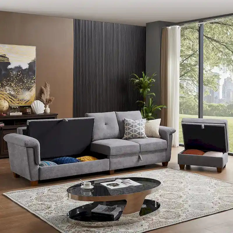 109  Modern 4 Seaters Towelling Sectional Sofa with Hidden Coffee Table and Large Storage Space