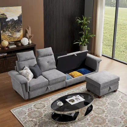 109  Modern 4 Seaters Towelling Sectional Sofa with Hidden Coffee Table and Large Storage Space