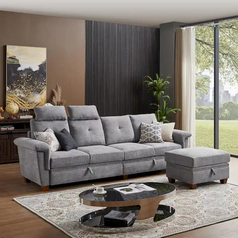 109  Modern 4 Seaters Towelling Sectional Sofa with Hidden Coffee Table and Large Storage Space