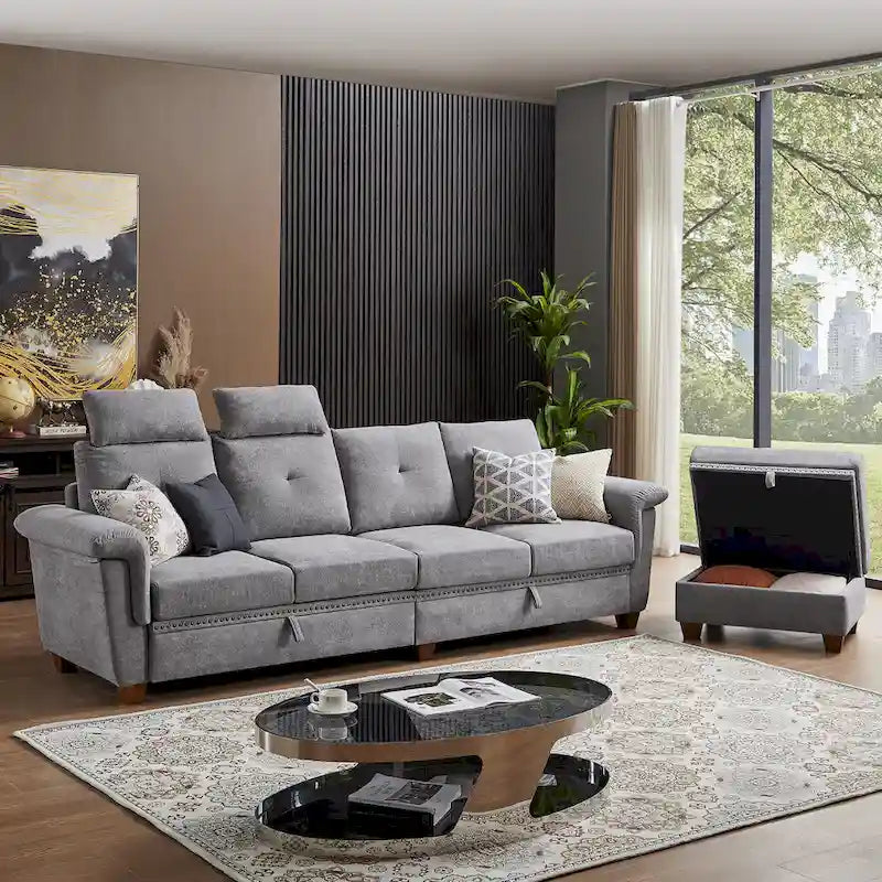 109  Modern 4 Seaters Towelling Sectional Sofa with Hidden Coffee Table and Large Storage Space