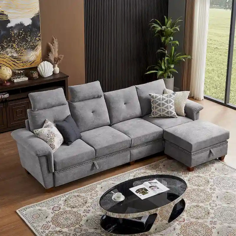 109  Modern 4 Seaters Towelling Sectional Sofa with Hidden Coffee Table and Large Storage Space