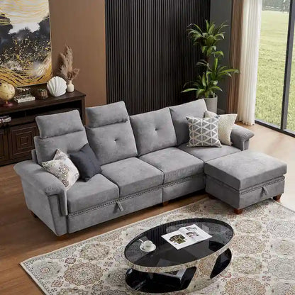 109  Modern 4 Seaters Towelling Sectional Sofa with Hidden Coffee Table and Large Storage Space