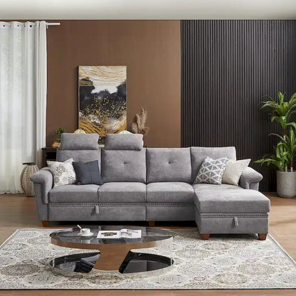 109  Modern 4 Seaters Towelling Sectional Sofa with Hidden Coffee Table and Large Storage Space