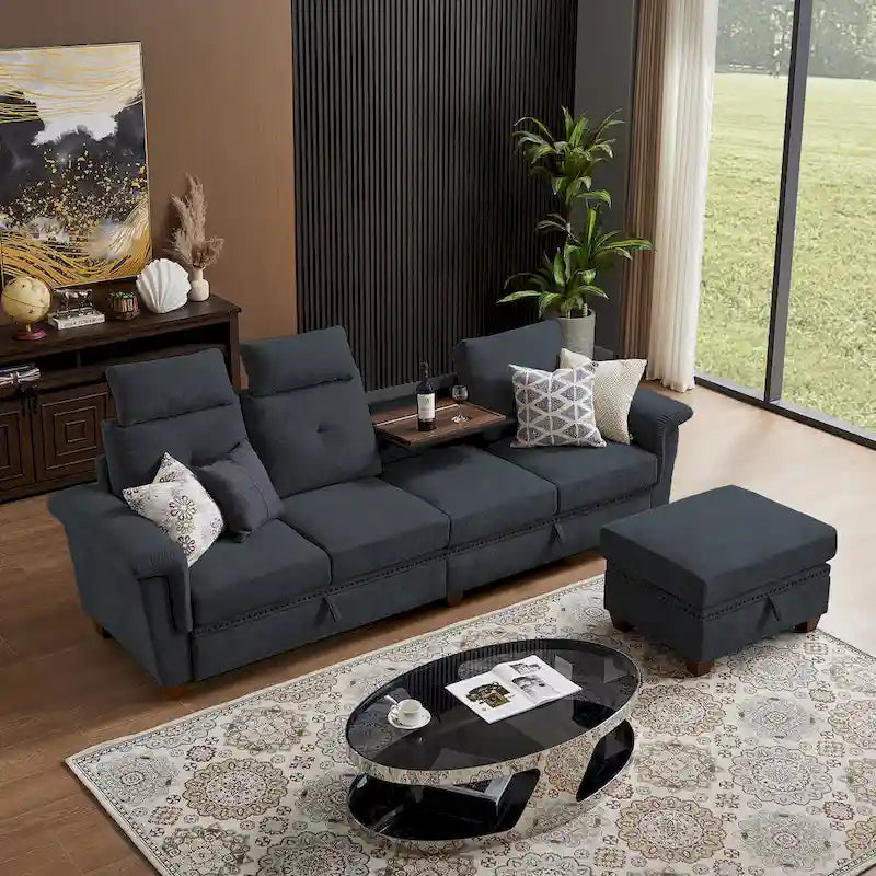 109  Modern 4 Seaters Towelling Sectional Sofa with Hidden Coffee Table and Large Storage Space