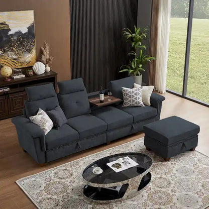 109  Modern 4 Seaters Towelling Sectional Sofa with Hidden Coffee Table and Large Storage Space