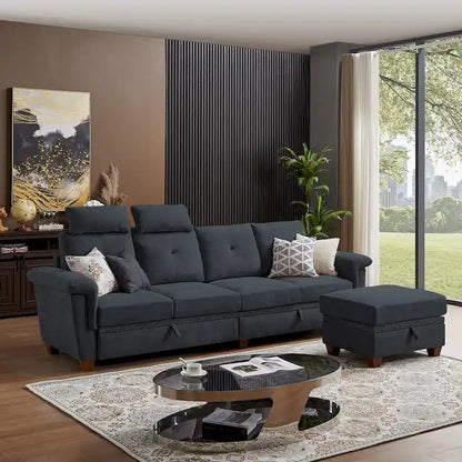109  Modern 4 Seaters Towelling Sectional Sofa with Hidden Coffee Table and Large Storage Space