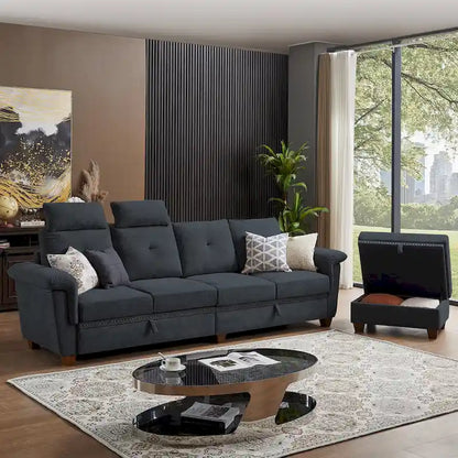 109  Modern 4 Seaters Towelling Sectional Sofa with Hidden Coffee Table and Large Storage Space