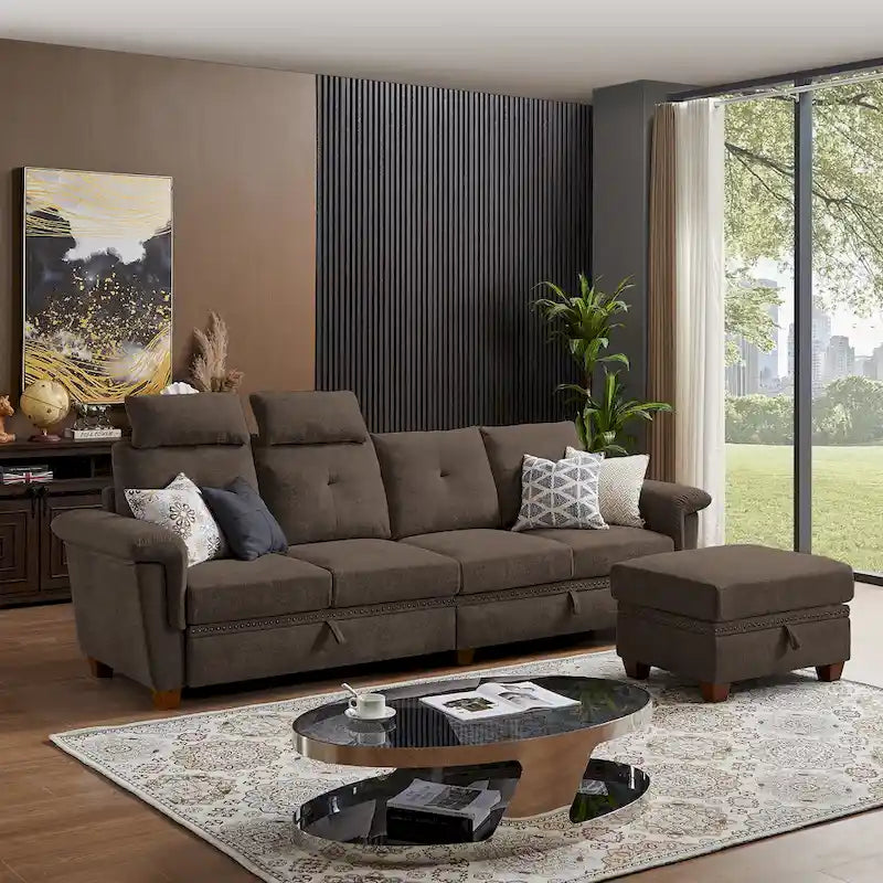 109  Modern 4 Seaters Towelling Sectional Sofa with Hidden Coffee Table and Large Storage Space
