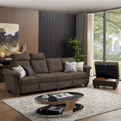 109  Modern 4 Seaters Towelling Sectional Sofa with Hidden Coffee Table and Large Storage Space