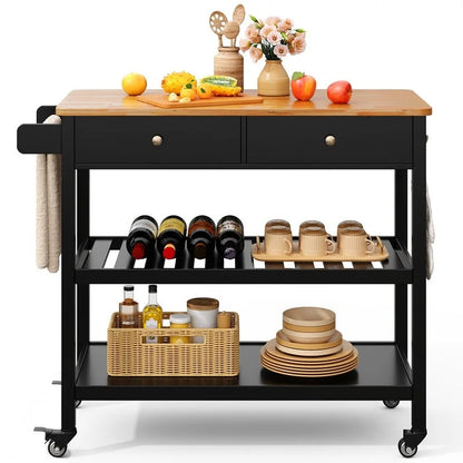 Kitchen Island Cart, Rolling Trolley Utility Cart on Wheels with 2 Drawers and 2 Open Tiers Storage Shelves