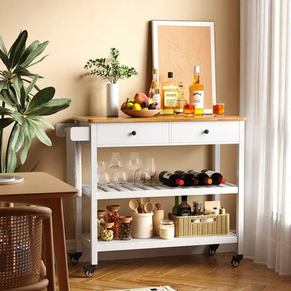 Kitchen Island Cart, Rolling Trolley Utility Cart on Wheels with 2 Drawers and 2 Open Tiers Storage Shelves